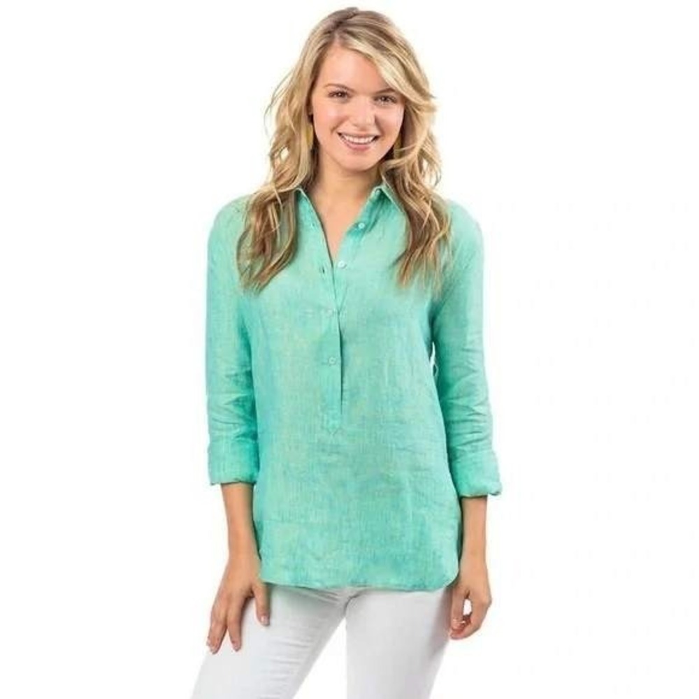 Southern Tide Womens Aqua Linen Tunic Popover Long Sleeve Blouse Size S
